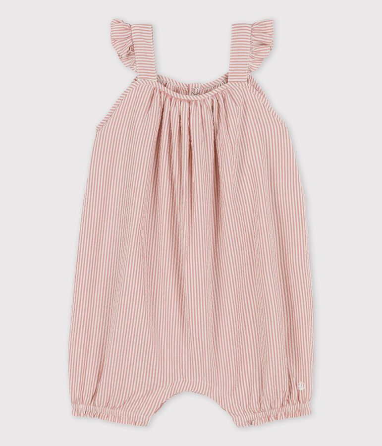 Gestreifter Baby-Kurzoverall aus Bio-Seersucker rosa PAPAYE/ MARSHMALLOW