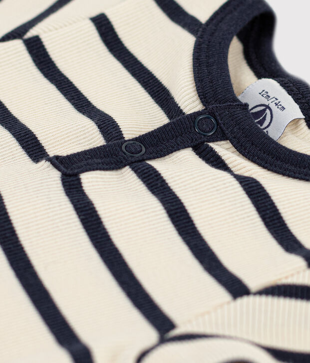 Kurz&auml;rmeliger Baby-Body aus Rippstrick mit Streifen naturfarben/blau