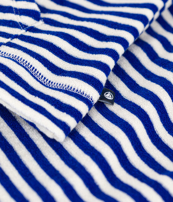 Gestreiftes Kinder-Sweatshirt mit Kapuze aus Bouclé-Frottee blau SURF/ AVALANCHE