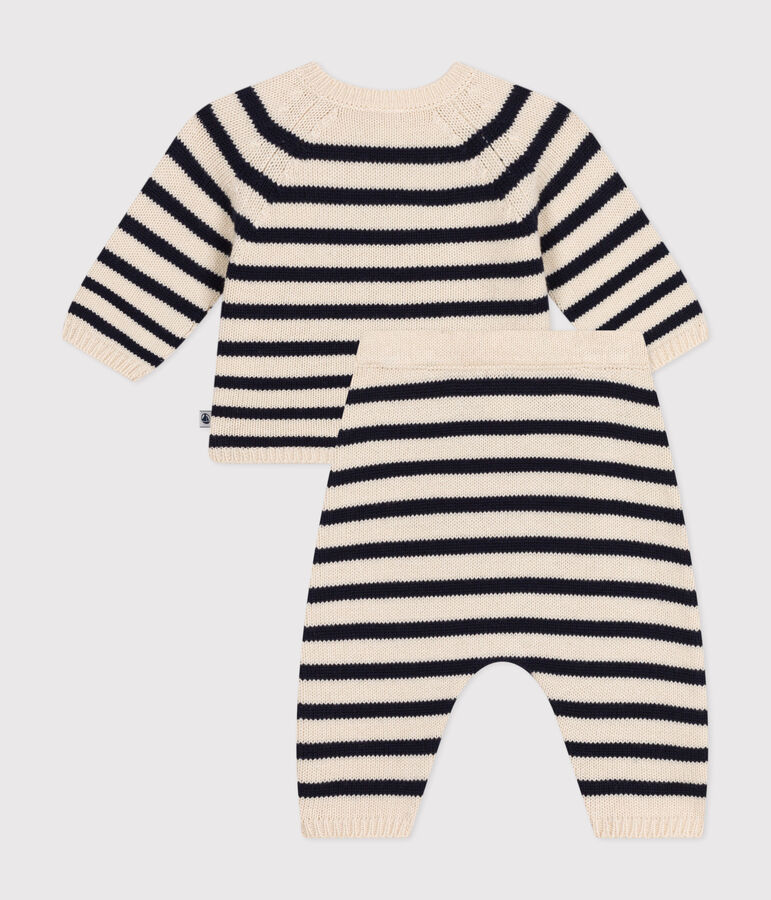 Baby-Set aus Woll- und Baumwoll-Strick mit Marinestreifen naturfarben/blau