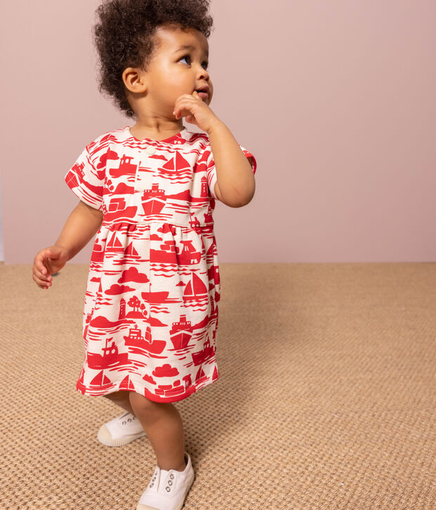 Kurz&auml;rmeliges Baby-Kleid aus bedrucktem Molton f&uuml;r M&auml;dchen naturfarben/rot
