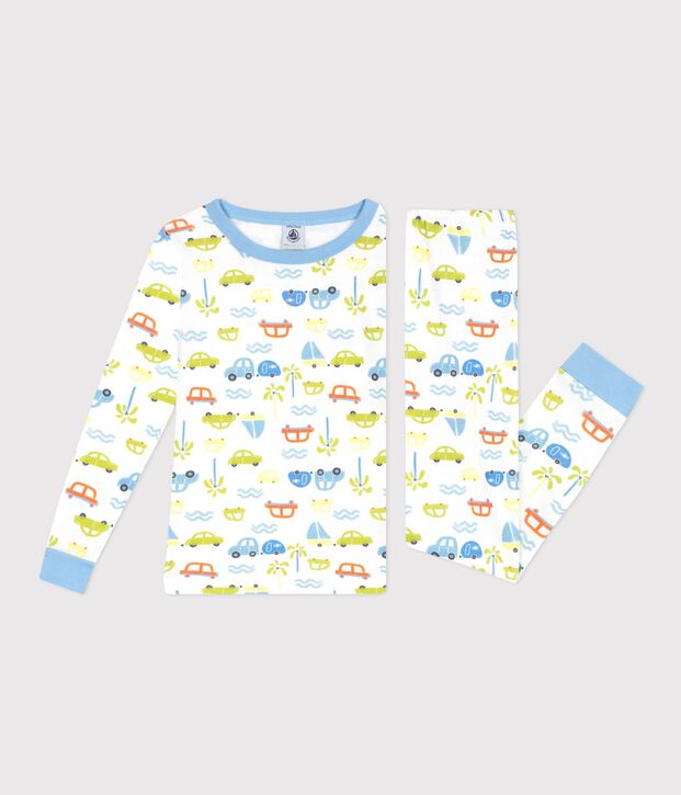 Eng anliegender Kinder-Pyjama aus Baumwolle mit Automotiv weiss/vielfarbig