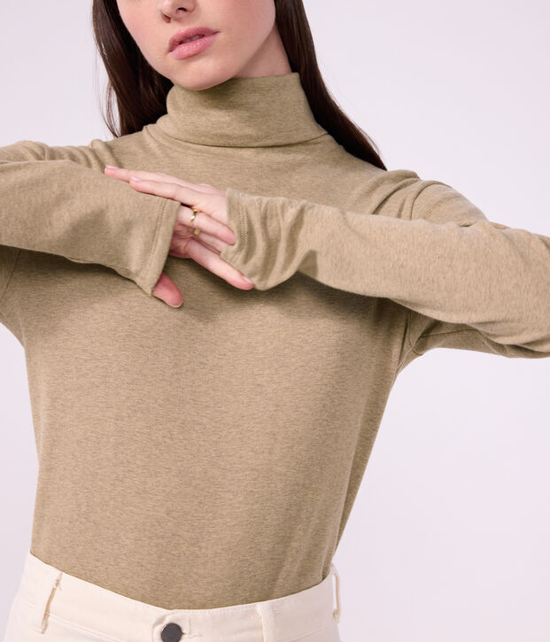 Damen-Rollkragenshirt aus einfarbiger Baumwolle beige