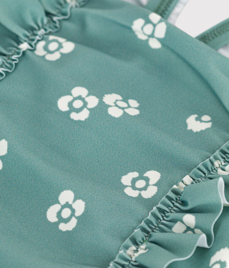 Einteiliger Baby-Badeanzug mit R&uuml;schen und Blumenmuster gr&uuml;n/weiss