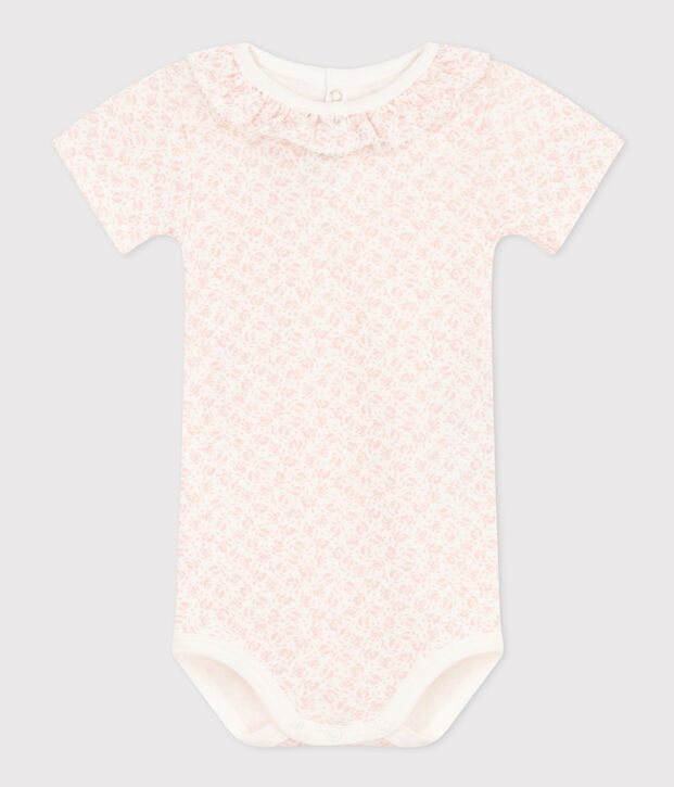 Kurz&auml;rmeliger Baby-Body aus Baumwolle mit Halskrause weiss/rosa