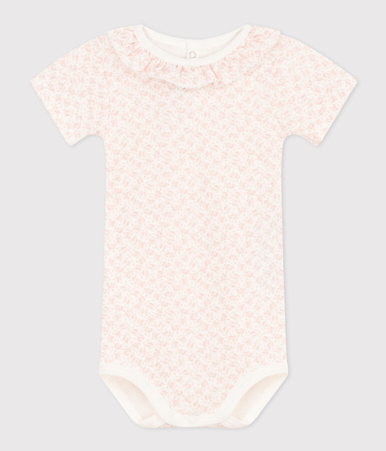 Kurz&auml;rmeliger Baby-Body aus Baumwolle mit Halskrause weiss/rosa
