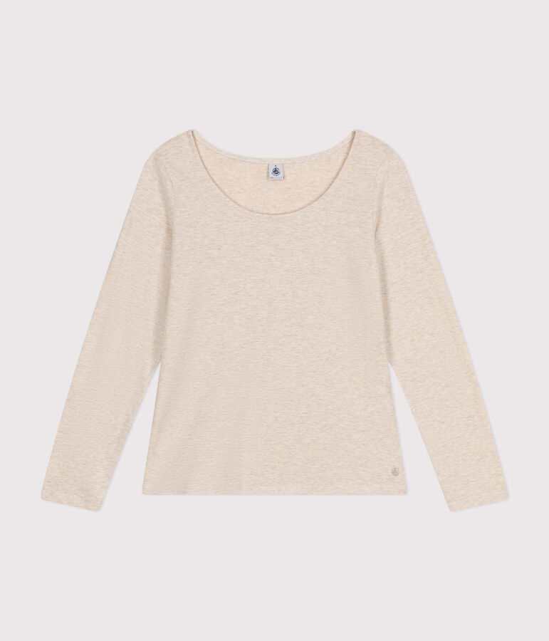 Lang&auml;rmeliges Damen-T-Shirt Le Droit mit weitem Ausschnitt aus geflammten Jersey beige