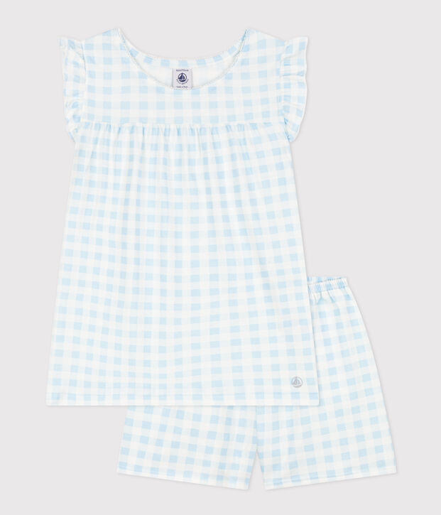 Kinder-Kurzpyjama aus feiner Baumwolle mit Vichy-Karos f&uuml;r M&auml;dchen weiss/blau