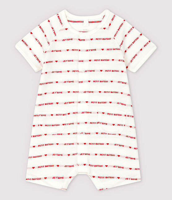Petit Bateau-Einteiler aus Bio-Baumwoll-Jacquard mit "Je t'aime"-Schriftzug weiss MARSHMALLOW/rot PEPS