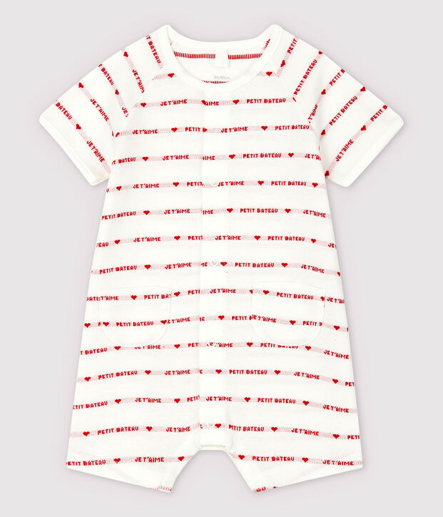 Petit Bateau-Einteiler aus Bio-Baumwoll-Jacquard mit Je t'aime-Schriftzug weiss/rot