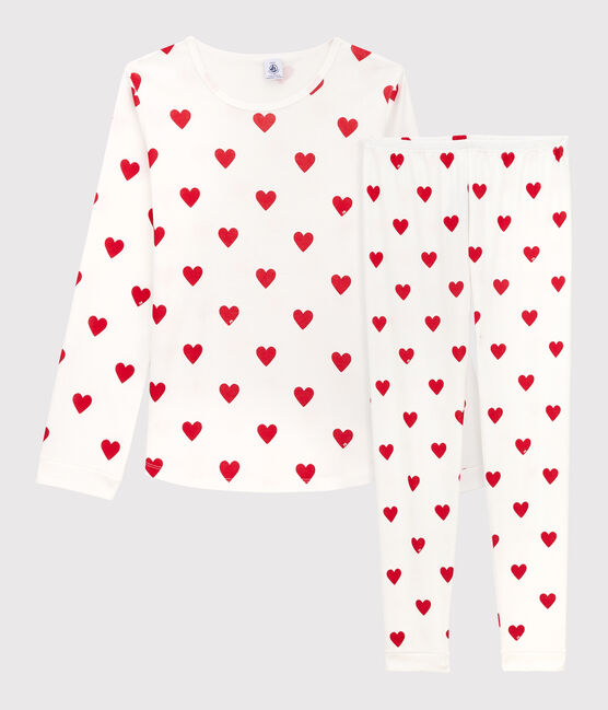 Kinderpyjama aus Rippstrick mit Herzchen für Mädchen weiss MARSHMALLOW/rot TERKUIT