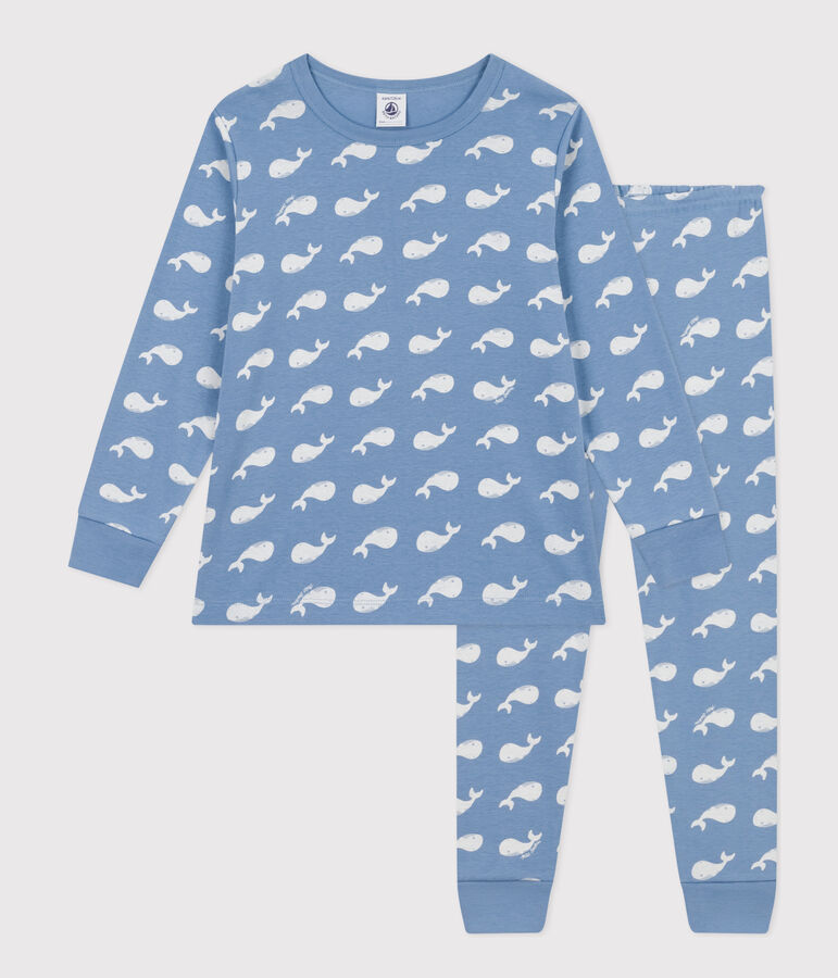 Kinderpyjama aus Baumwolle mit Walmuster blau/weiss