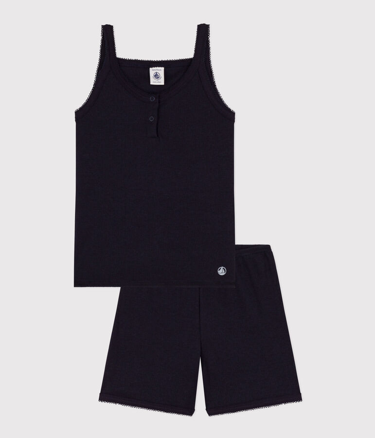 Kinder-Kurzpyjama mit Spaghetti-Top aus Baumwolle und Lyocell f&uuml;r M&auml;dchen blau SMOKING