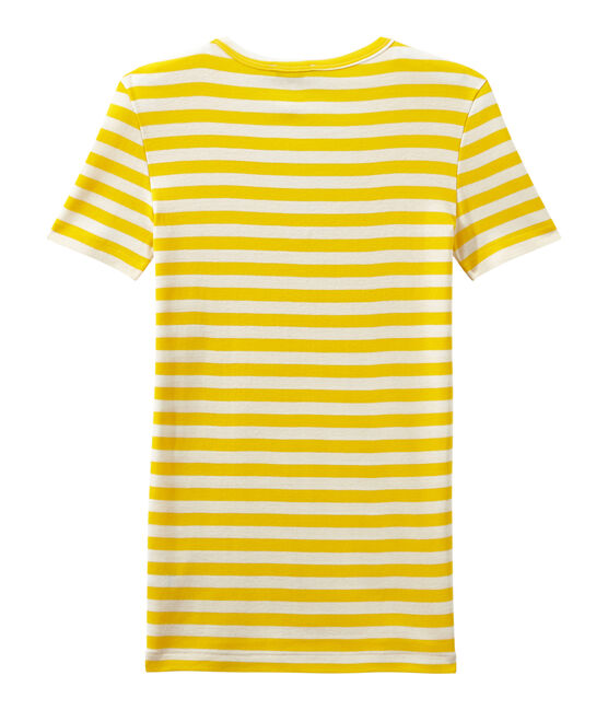 Gestreiftes Damen-T-Shirt mit V-Ausschnitt aus Original-Rippstrick gelb SHINE/weiss MARSHMALLOW