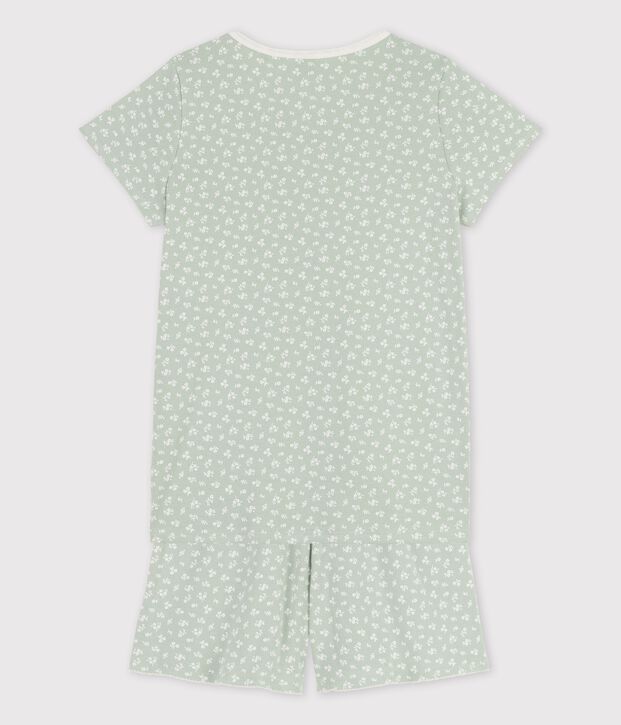 Kinder-Kurzpyjama aus Baumwolle mit Blumen f&uuml;r M&auml;dchen gr&uuml;n/weiss