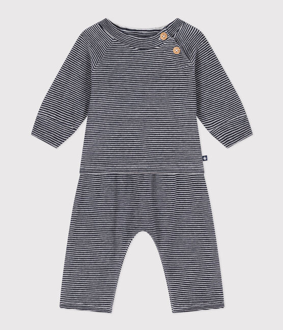 Gestreifte Baby-Kombination aus Samt blau SMOKING/weiss MARSHMALLOW