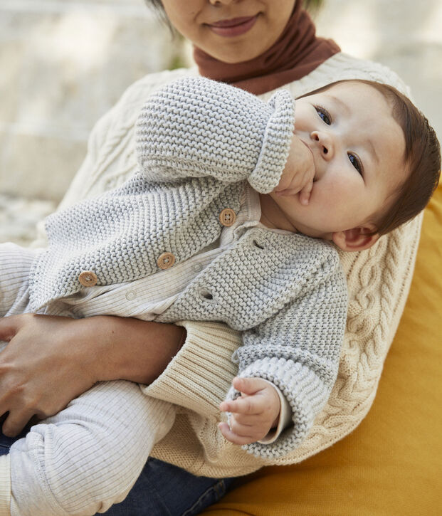 Baby-Cardigan kraus rechts gestrickt aus Baumwolle BELUGA CHINE