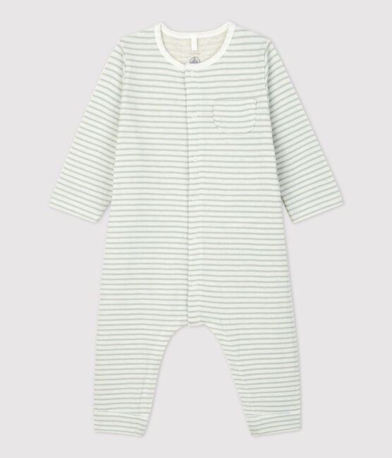 Langer gestreifter-Baby-Overall aus Bio-Doppeljersey weiss MARSHMALLOW/ HERBIER