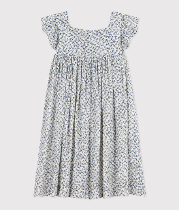 &Auml;rmelloses Kinder-Kleid mit Printmotiv aus Musselin f&uuml;r M&auml;dchen naturfarben/blau