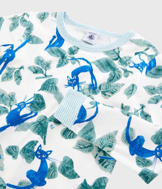 Snugfit-Kinderpyjama aus Baumwolle mit Katzenmotiv für Jungen weiss MARSHMALLOW/weiss MULTICO