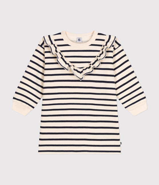 Langärmeliges Kinder-Kleid aus aufgerautem Molton für Mädchen weiss AVALANCHE/blau SMOKING