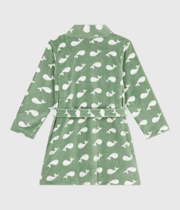 Kinder-Morgenmantel aus Fleece mit Muster gr&uuml;n/weiss