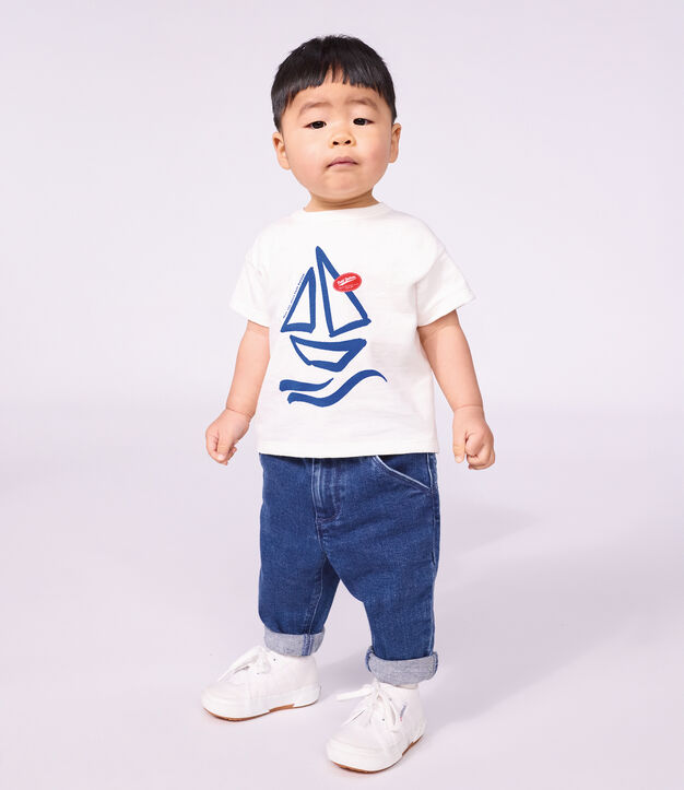 Kurz&auml;rmeliges Baby-T-Shirt aus einfarbiger Baumwolle mit Motiv weiss