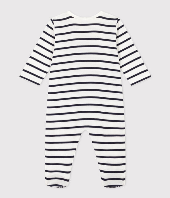 Gestreifter Baby-Pyjama aus Rippstrick weiss MARSHMALLOW/blau SMOKING