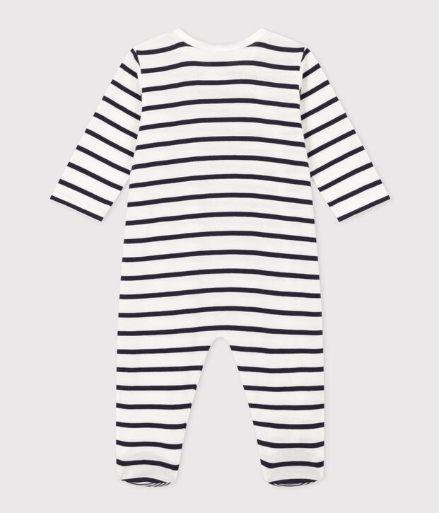 Gestreifter Baby-Pyjama aus Rippstrick weiss/blau