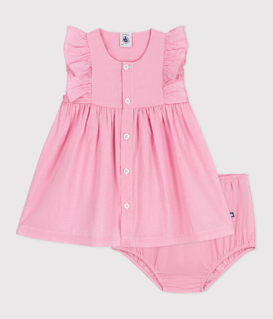 Ärmelloses Baby-Kleid aus leichter Baumwolle und Bloomer mit Vichy-Muster weiss ECUME/ PETAL