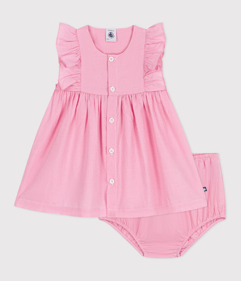 &Auml;rmelloses Baby-Kleid aus leichter Baumwolle und Bloomer mit Vichy-Muster weiss/rosa