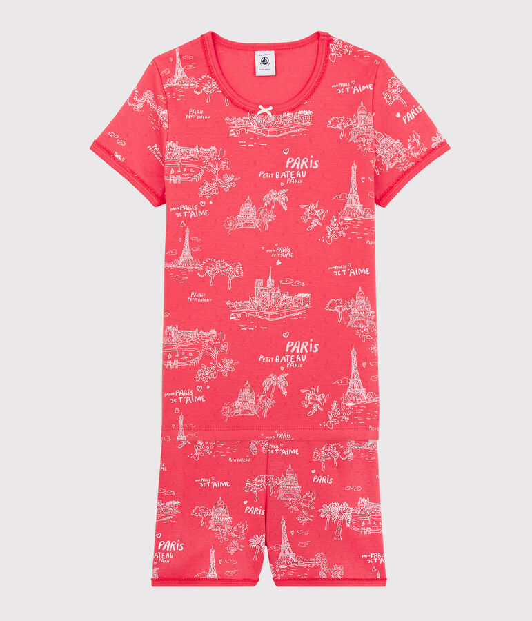 Kinder-Kurzpyjama mit Paris-Motiv aus Baumwolle f&uuml;r M&auml;dchen rosa/rosa