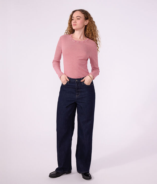 Lang&auml;rmeliges Damen T-Shirt aus Baumwolle mit Streifen rot/weiss