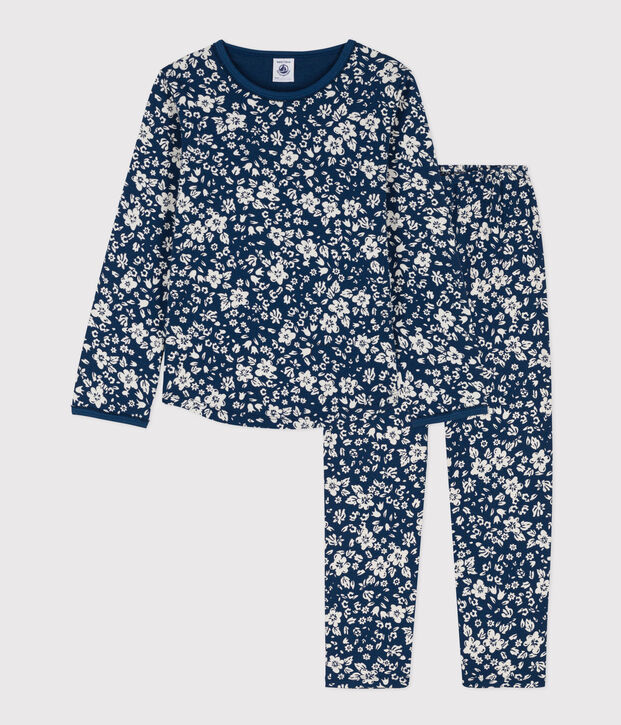 Kinderpyjama aus Baumwolle mit Blumenmotiv f&uuml;r M&auml;dchen blau/weiss