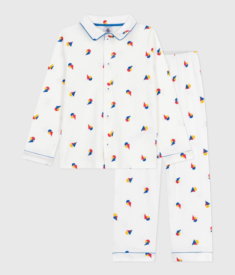 Kinder-Pyjama mit Knopfverschluss aus bedruckter Baumwolle weiss/blau/vielfarbig
