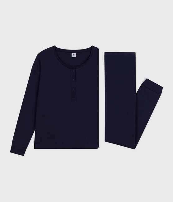 Damen-Pyjama aus einfarbiger Baumwolle blau SMOKING