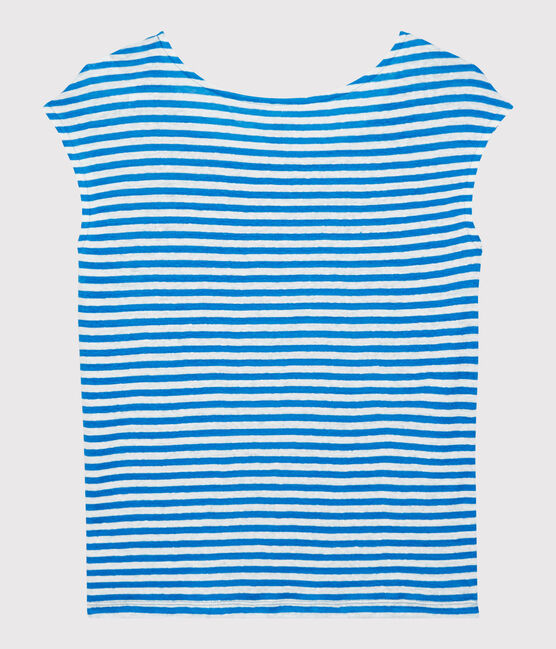 Gestreiftes Damen-T-Shirt aus Leinen blau MYKONOS/weiss MARSHMALLOW