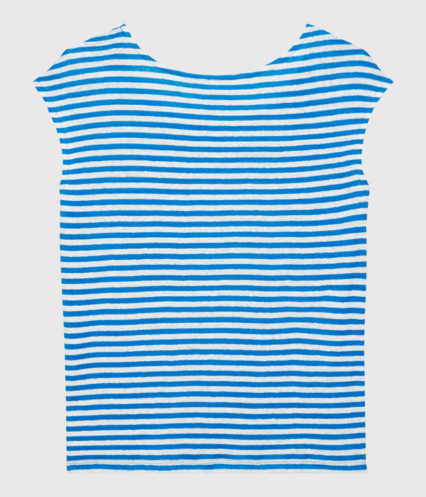 Gestreiftes Damen-T-Shirt aus Leinen blau/weiss
