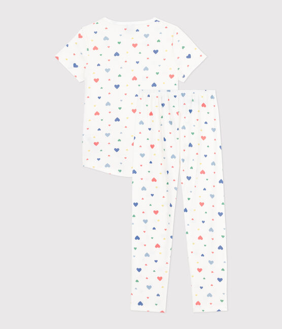 Kurzärmeliger Kinder-Pyjama mit langen Beinen aus bedruckter Baumwolle weiss MARSHMALLOW/weiss MULTICO