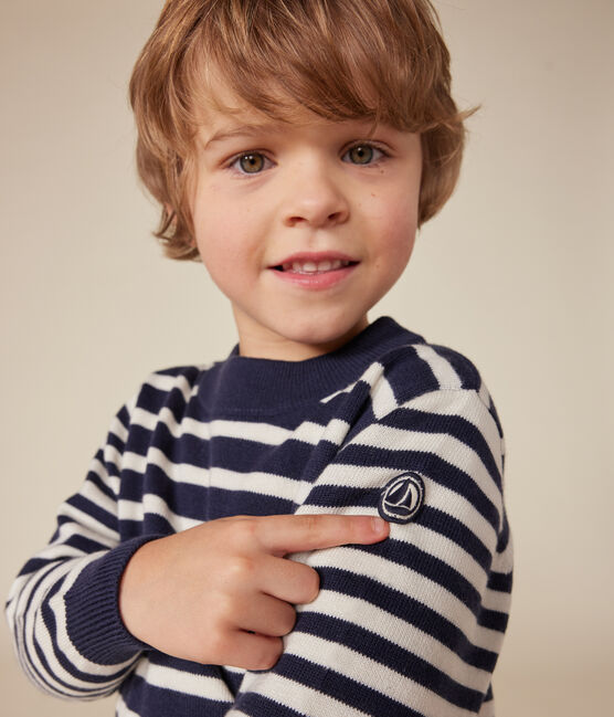 Gestreifter Kinderpullover aus Wolle und Baumwolle blau SMOKING/weiss MARSHMALLOW