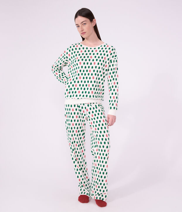 Damen-Pyjama aus Baumwolle mit Tannenbaum-Motiv weiss/vielfarbig
