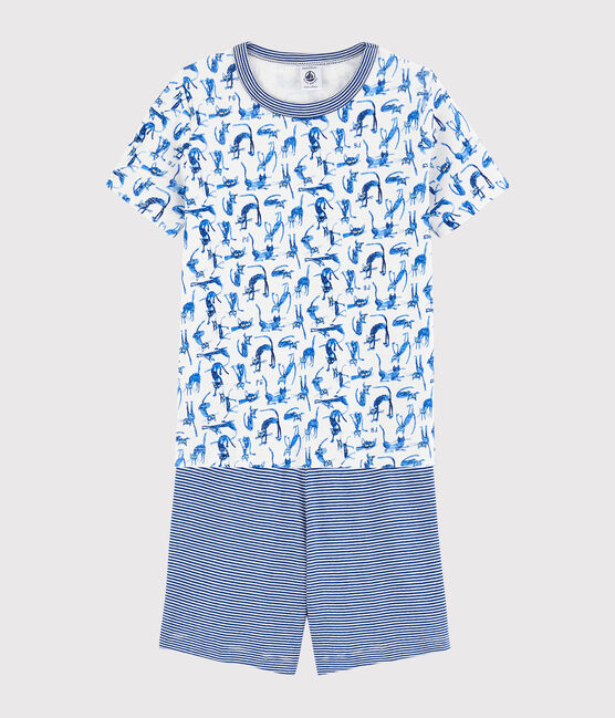 Kinder-Kurzpyjama aus Baumwolle mit Katzenmotiv für Jungen weiss MARSHMALLOW/weiss MULTICO