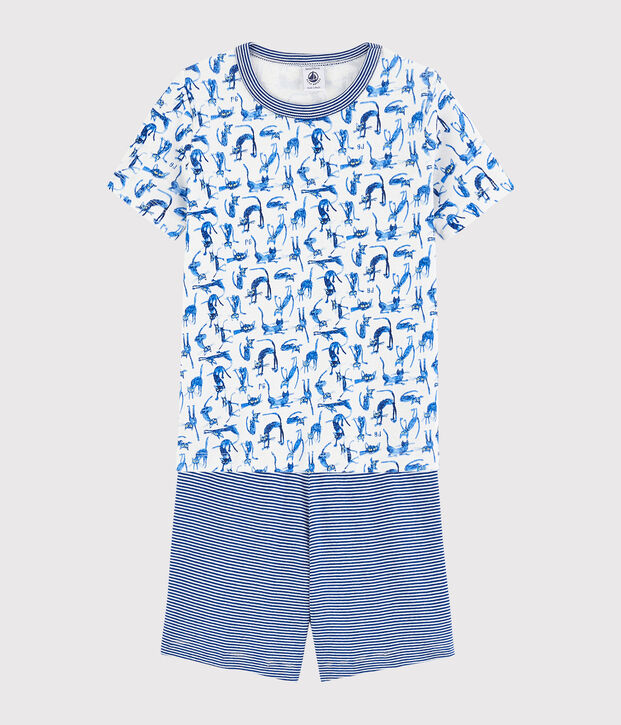 Kinder-Kurzpyjama aus Baumwolle mit Katzenmotiv f&uuml;r Jungen weiss/vielfarbig