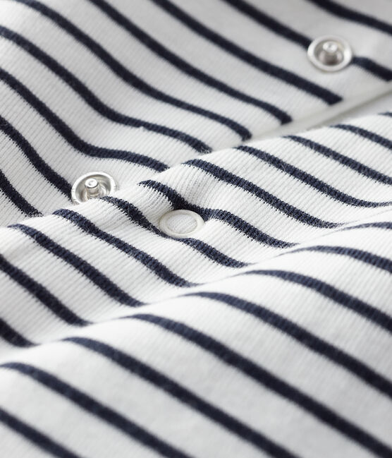 Langer, gestreifter Baby-Overall aus Bio-Baumwolle mit Kapuze weiss MARSHMALLOW/blau SMOKING