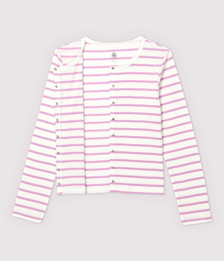 Cardigan aus gestreifter Baumwolle/Leinen Damen weiss MARSHMALLOW/rosa BOHEME