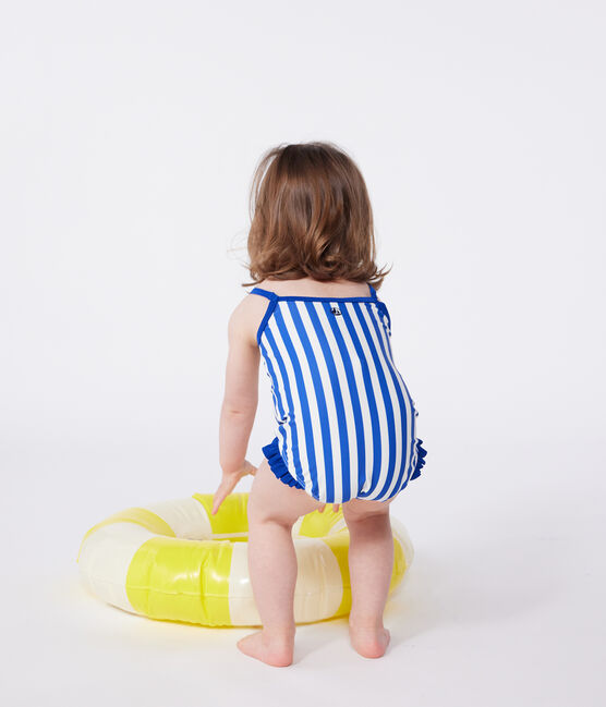 Einteiliger Baby-Badeanzug mit Streifenmuster und Rüschen blau SURF/weiss MARSHMALLOW