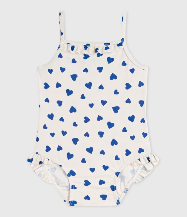 Einteiliger Baby-Badeanzug mit R&uuml;schen und Herzmotiv weiss/blau
