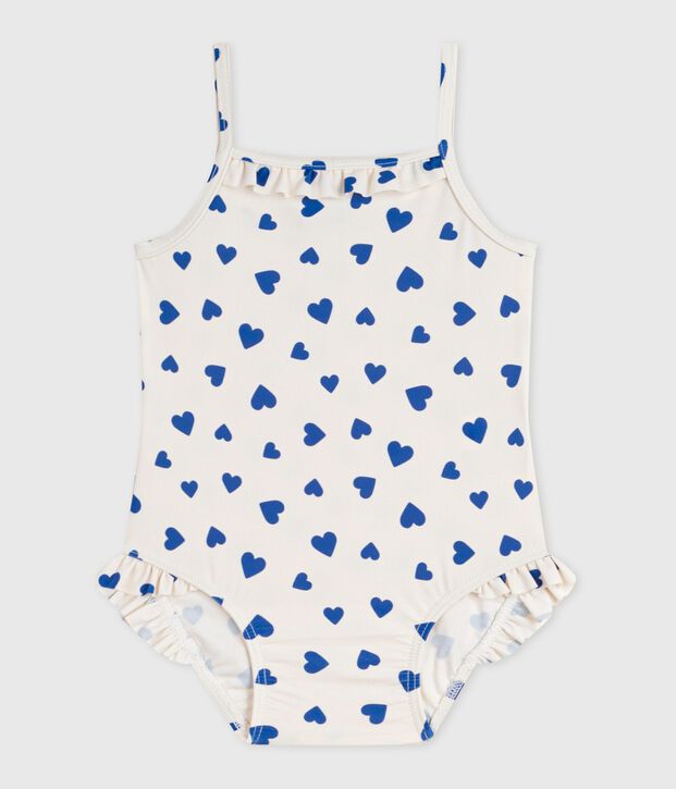 Einteiliger Baby-Badeanzug mit R&uuml;schen und Herzmotiv weiss/blau