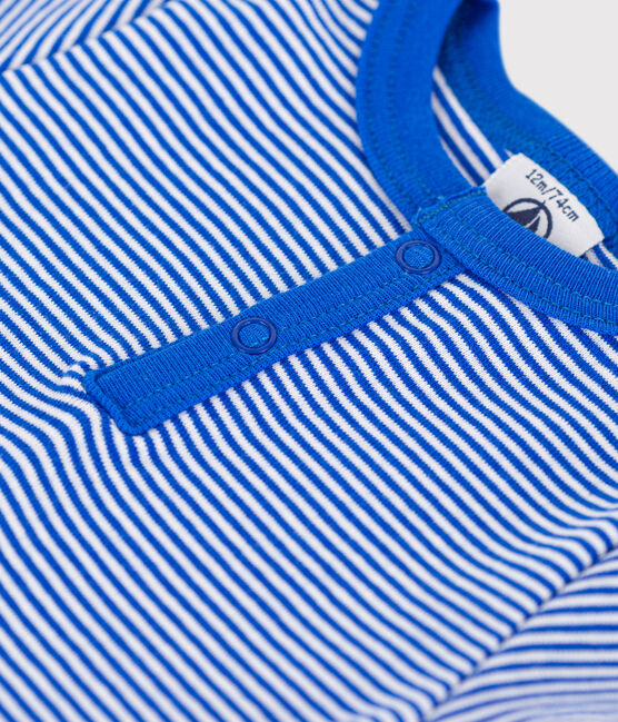 Kurzärmeliger Baby-Body aus Baumwolle mit Ringelstreifen blau PERSE/weiss MARSHMALLOW