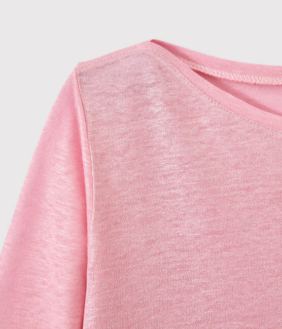 Damen-Langarmshirt aus irisierendem Leinen rosa BABYLONE/grau ARGENT